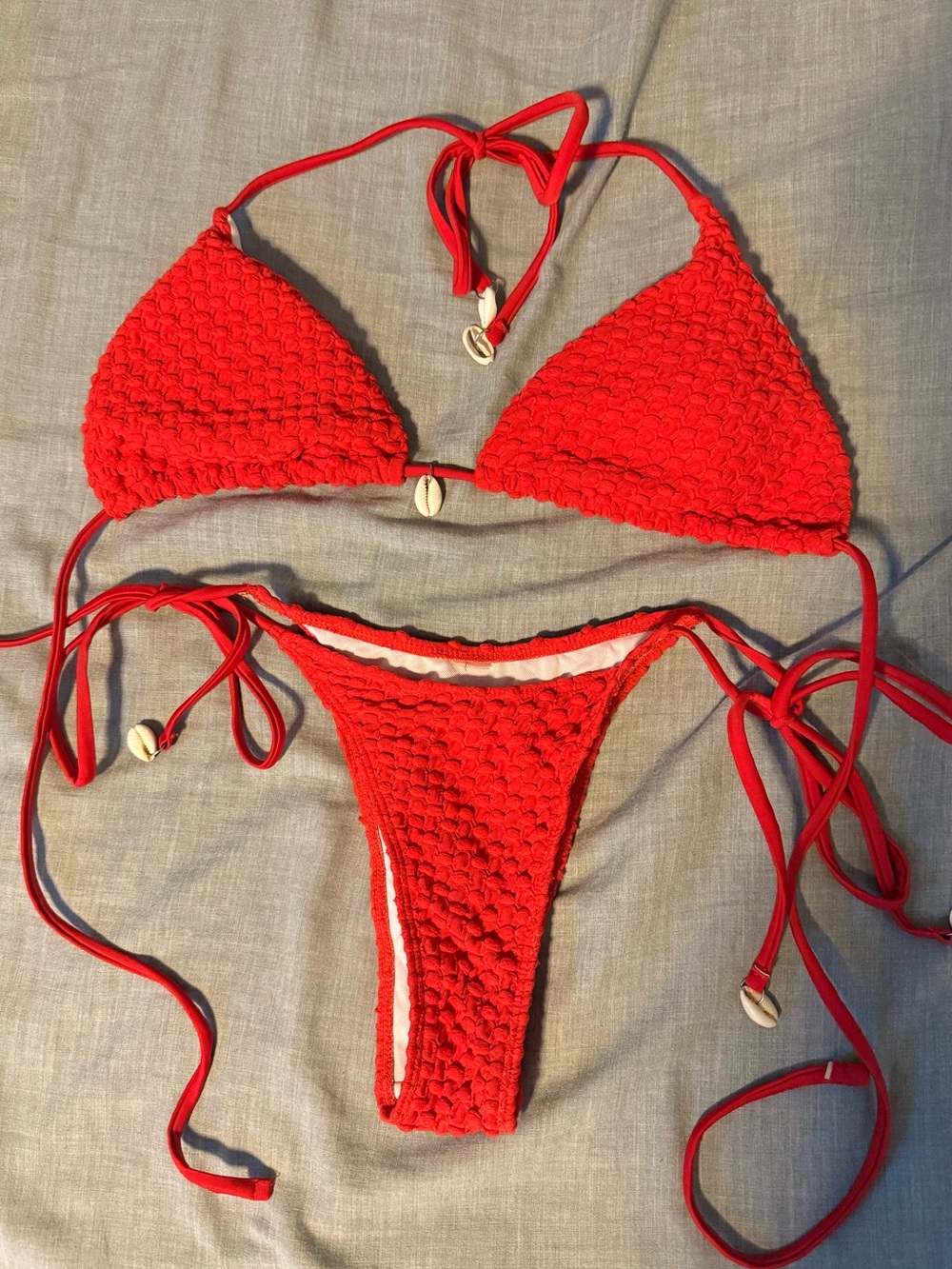 SHEIN Red Crochet Tie-Side Bikini with Shell Charms